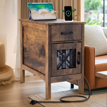 Farmhouse End Table, Night Stand with USB Ports and Outlets, 3 Tiers End Table Side Table with Storage Cabinet and 1 Drawer, Ideal for Living Room, Bedroom, Office, Burlywood