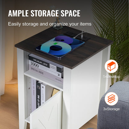 Farmhouse End Table, Set of 2, Square Night Stand with USB Ports and Outlets, 3 Tiers End Table Side Table with Storage Cabinet and LED Lights, Ideal for Living Room, Bedroom, Office, White