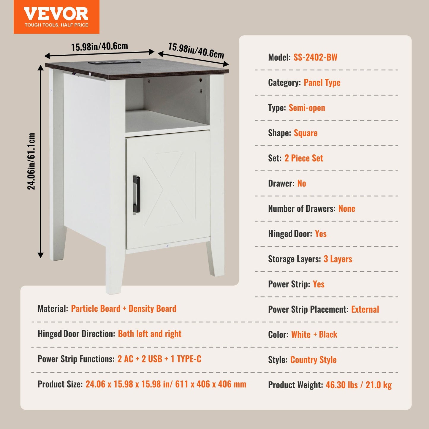 Farmhouse End Table, Set of 2, Square Night Stand with USB Ports and Outlets, 3 Tiers End Table Side Table with Storage Cabinet and LED Lights, Ideal for Living Room, Bedroom, Office, White