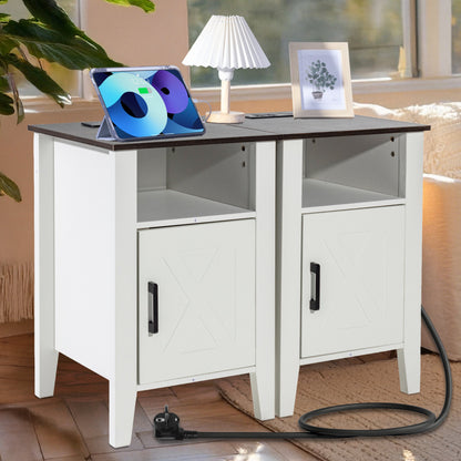 Farmhouse End Table, Set of 2, Square Night Stand with USB Ports and Outlets, 3 Tiers End Table Side Table with Storage Cabinet and LED Lights, Ideal for Living Room, Bedroom, Office, White