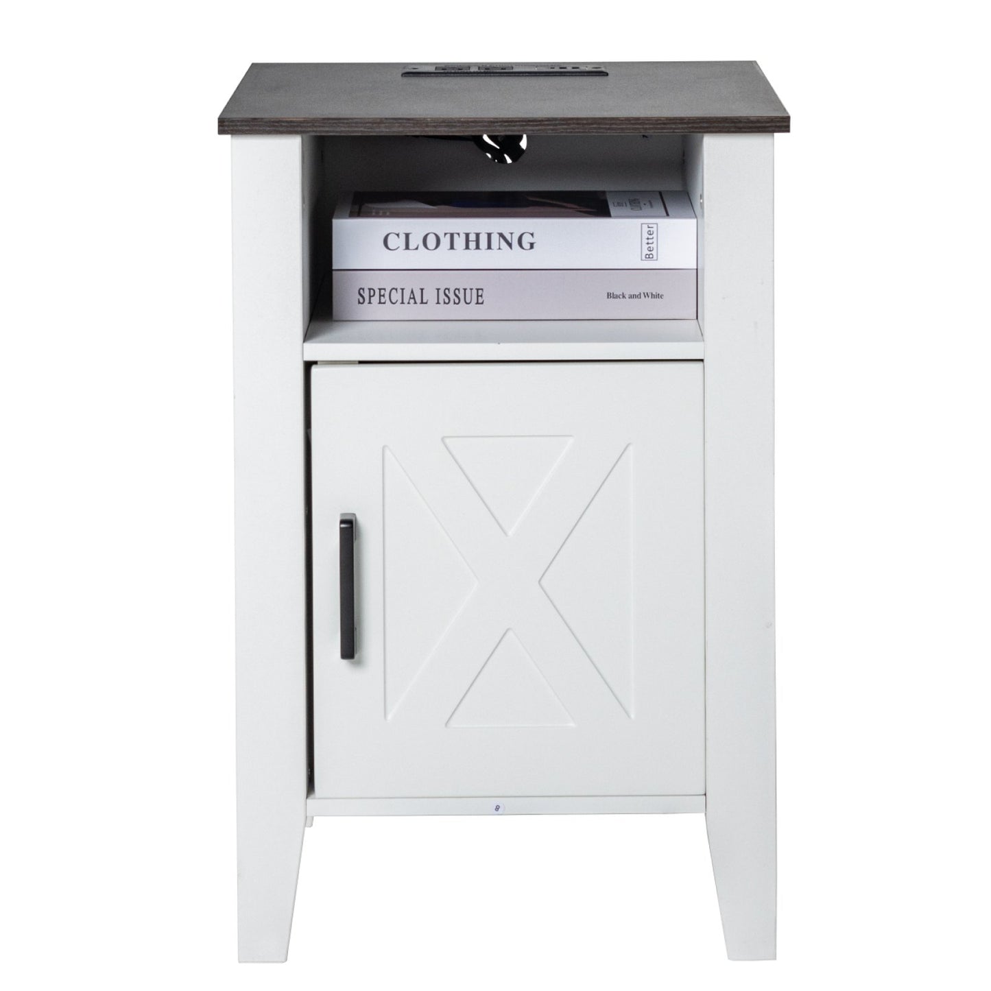 Farmhouse End Table, Set of 2, Square Night Stand with USB Ports and Outlets, 3 Tiers End Table Side Table with Storage Cabinet and LED Lights, Ideal for Living Room, Bedroom, Office, White