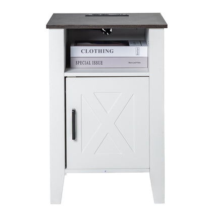 Farmhouse End Table, Set of 2, Square Night Stand with USB Ports and Outlets, 3 Tiers End Table Side Table with Storage Cabinet and LED Lights, Ideal for Living Room, Bedroom, Office, White