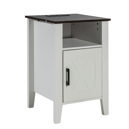 Farmhouse End Table, Set of 2, Square Night Stand with USB Ports and Outlets, 3 Tiers End Table Side Table with Storage Cabinet and LED Lights, Ideal for Living Room, Bedroom, Office, White