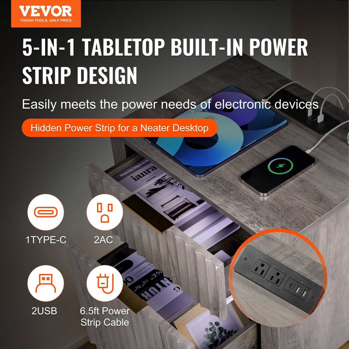 Beistelltisch im Landhausstil, 2er-Set, quadratischer Nachttisch mit USB-Anschlüssen und Steckdosen, 3-stufiger Beistelltisch mit Staufach und 2 Schubladen, ideal für Wohnzimmer, Schlafzimmer und Büro, Grau