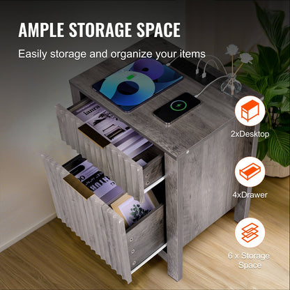 Beistelltisch im Landhausstil, 2er-Set, quadratischer Nachttisch mit USB-Anschlüssen und Steckdosen, 3-stufiger Beistelltisch mit Staufach und 2 Schubladen, ideal für Wohnzimmer, Schlafzimmer und Büro, Grau