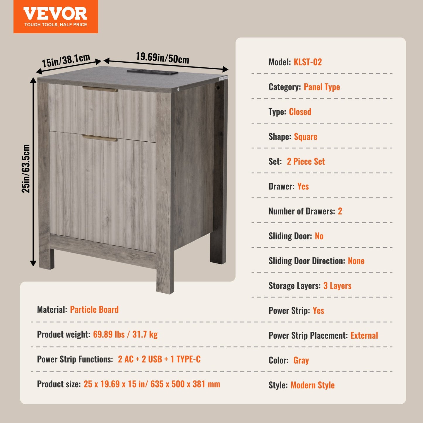 Beistelltisch im Landhausstil, 2er-Set, quadratischer Nachttisch mit USB-Anschlüssen und Steckdosen, 3-stufiger Beistelltisch mit Staufach und 2 Schubladen, ideal für Wohnzimmer, Schlafzimmer und Büro, Grau