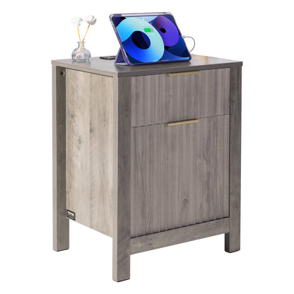 Beistelltisch im Landhausstil, 2er-Set, quadratischer Nachttisch mit USB-Anschlüssen und Steckdosen, 3-stufiger Beistelltisch mit Staufach und 2 Schubladen, ideal für Wohnzimmer, Schlafzimmer und Büro, Grau