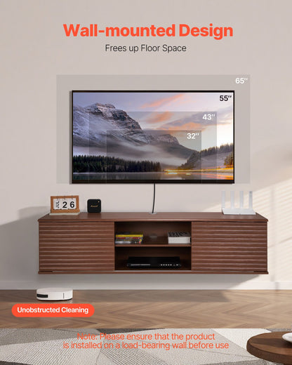 Floating TV Stand, 60" Wall Mount Entertainment Center with Adjustable Shelf & Sliding Doors, 2 Tiers Floating TV Shelf with Storage Cabinet for DVD Player, Cable Box, Game Console, Walnut