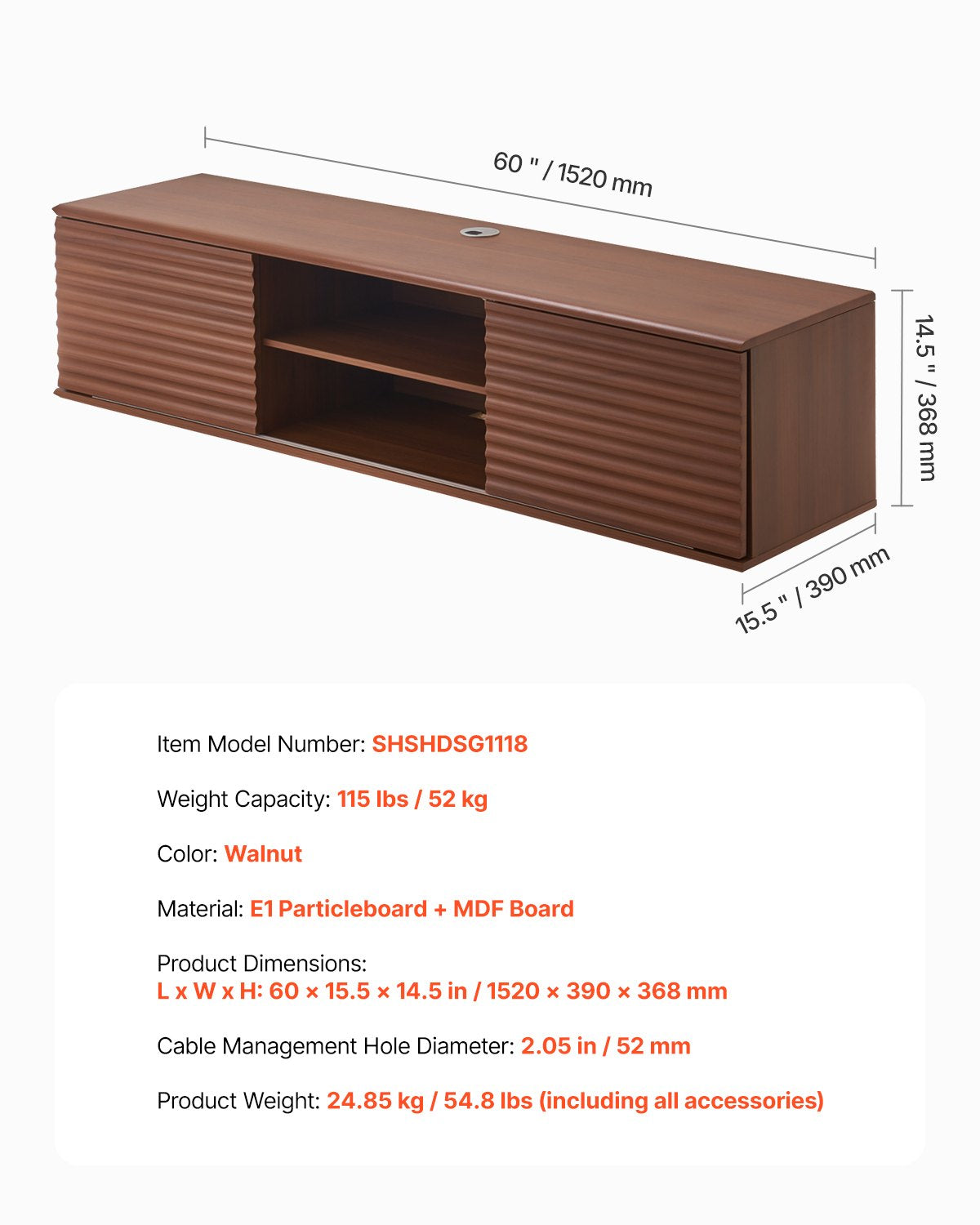 Floating TV Stand, 60" Wall Mount Entertainment Center with Adjustable Shelf & Sliding Doors, 2 Tiers Floating TV Shelf with Storage Cabinet for DVD Player, Cable Box, Game Console, Walnut