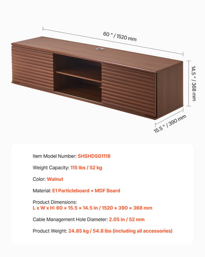 Floating TV Stand, 60" Wall Mount Entertainment Center with Adjustable Shelf & Sliding Doors, 2 Tiers Floating TV Shelf with Storage Cabinet for DVD Player, Cable Box, Game Console, Walnut