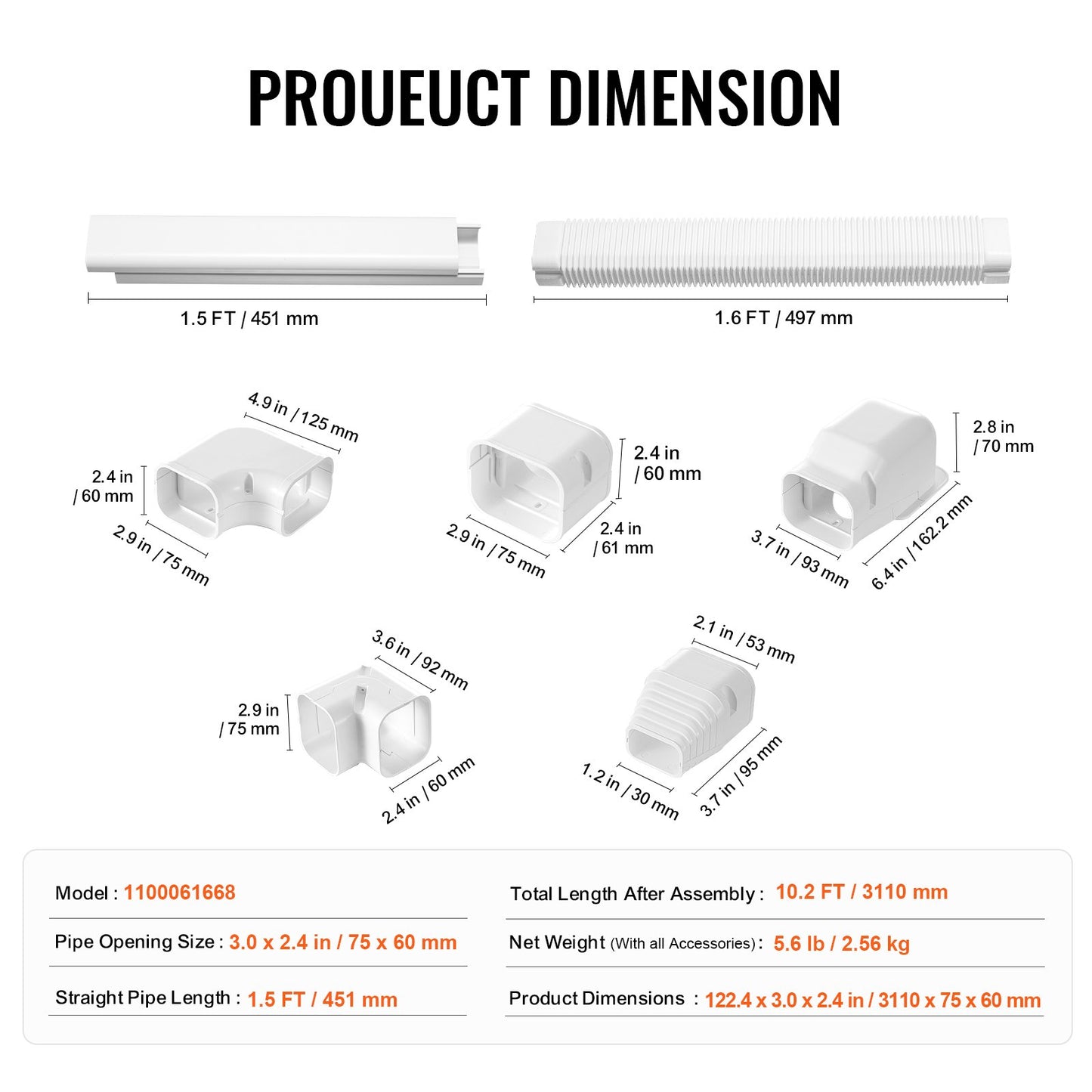 Mini-Split-Klimaanlagen-Abdeckung (76,2 mm breit, 3110 mm lang), dekorative PVC-Rohrleitungsabdeckung für Klimaanlagen mit 5 geraden Luftkanälen und komplettem Zubehör, einfache Montage, lackierbar für Wärmepumpen, weiß