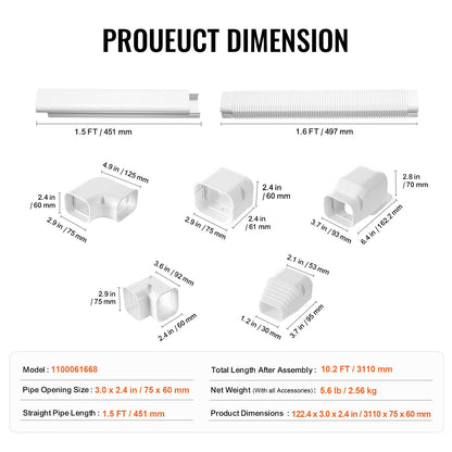 Mini-Split-Klimaanlagen-Abdeckung (76,2 mm breit, 3110 mm lang), dekorative PVC-Rohrleitungsabdeckung für Klimaanlagen mit 5 geraden Luftkanälen und komplettem Zubehör, einfache Montage, lackierbar für Wärmepumpen, weiß
