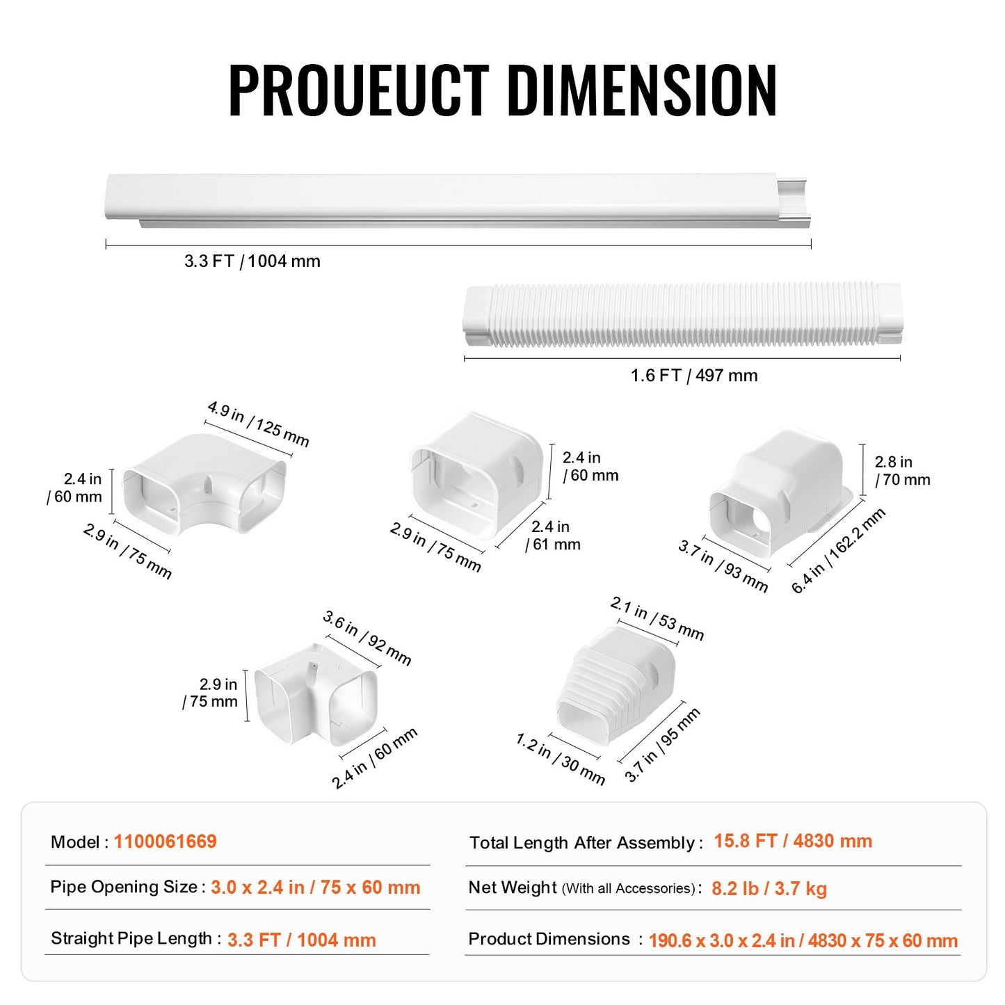 Mini-Split-Klimaanlagen-Abdeckung (76,2 mm breit, 4830 mm lang), dekorative PVC-Rohrleitungsabdeckung für Klimaanlagen mit 4 geraden Luftkanälen und komplettem Zubehör, einfache Montage, lackierbar für Wärmepumpen, weiß