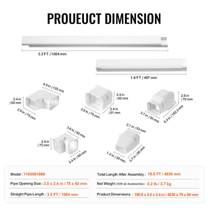 Mini-Split-Klimaanlagen-Abdeckung (76,2 mm breit, 4830 mm lang), dekorative PVC-Rohrleitungsabdeckung für Klimaanlagen mit 4 geraden Luftkanälen und komplettem Zubehör, einfache Montage, lackierbar für Wärmepumpen, weiß