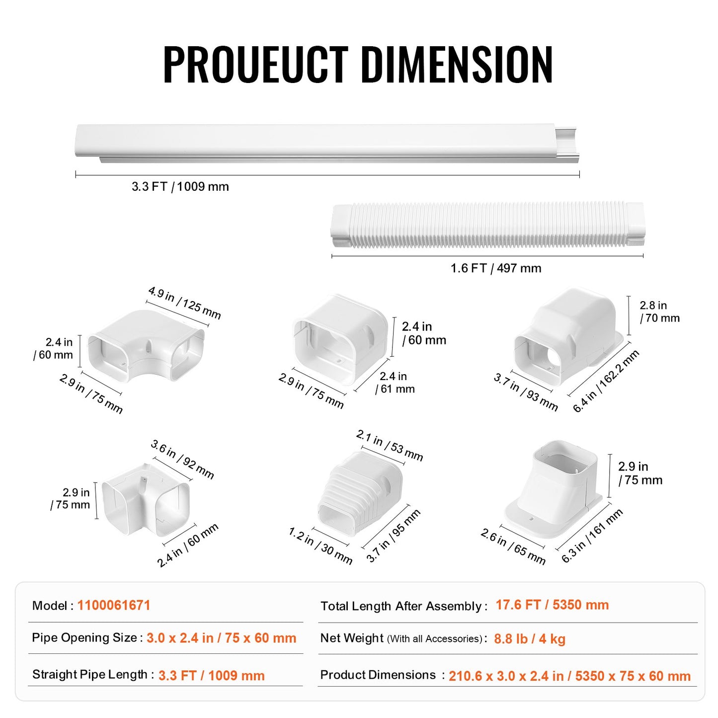 Mini-Split-Klimaanlagen-Abdeckung (76,2 mm breit, 5350 mm lang), dekorative PVC-Rohrleitungsabdeckung für Klimaanlagen mit 4 geraden Luftkanälen und komplettem Zubehör, einfache Montage, lackierbar für Wärmepumpen, weiß