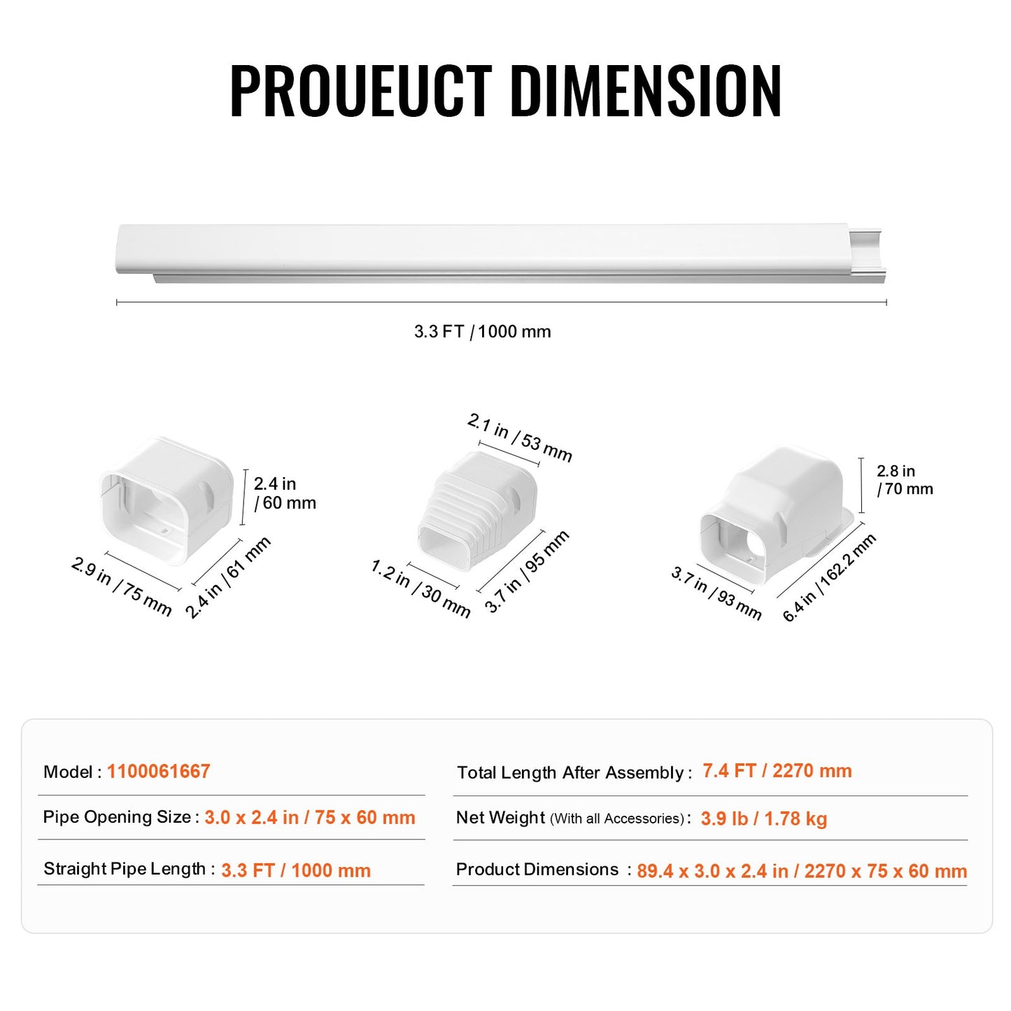 Mini-Split-Klimaanlagen-Abdeckung (76,2 mm breit, 2270 mm lang), dekorative PVC-Rohrleitungsabdeckung für Klimaanlagen mit 2 geraden Luftkanälen und komplettem Zubehör, einfache Montage, lackierbar für Wärmepumpen, weiß