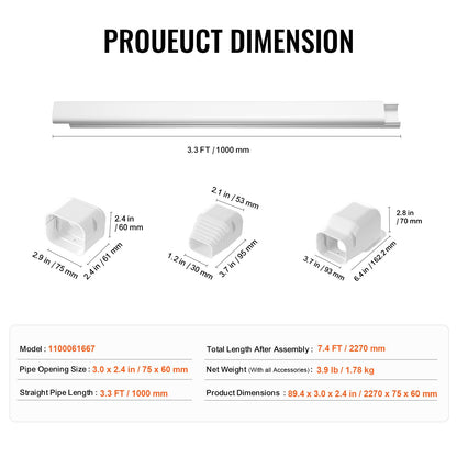 Mini-Split-Klimaanlagen-Abdeckung (76,2 mm breit, 2270 mm lang), dekorative PVC-Rohrleitungsabdeckung für Klimaanlagen mit 2 geraden Luftkanälen und komplettem Zubehör, einfache Montage, lackierbar für Wärmepumpen, weiß