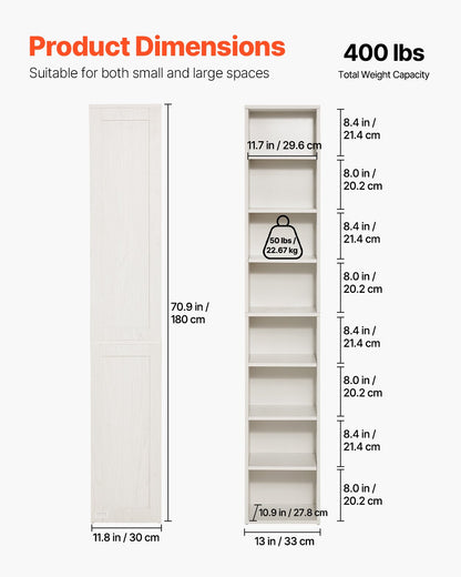 8 Tiers Narrow Bookshelf, 71 in Wooden Tall Open Bookcase with Height-Adjustable Shelf, Freestanding Display Storage Floor Bookcase Bookshelf for Library, Bedroom, Living Room, Office, White