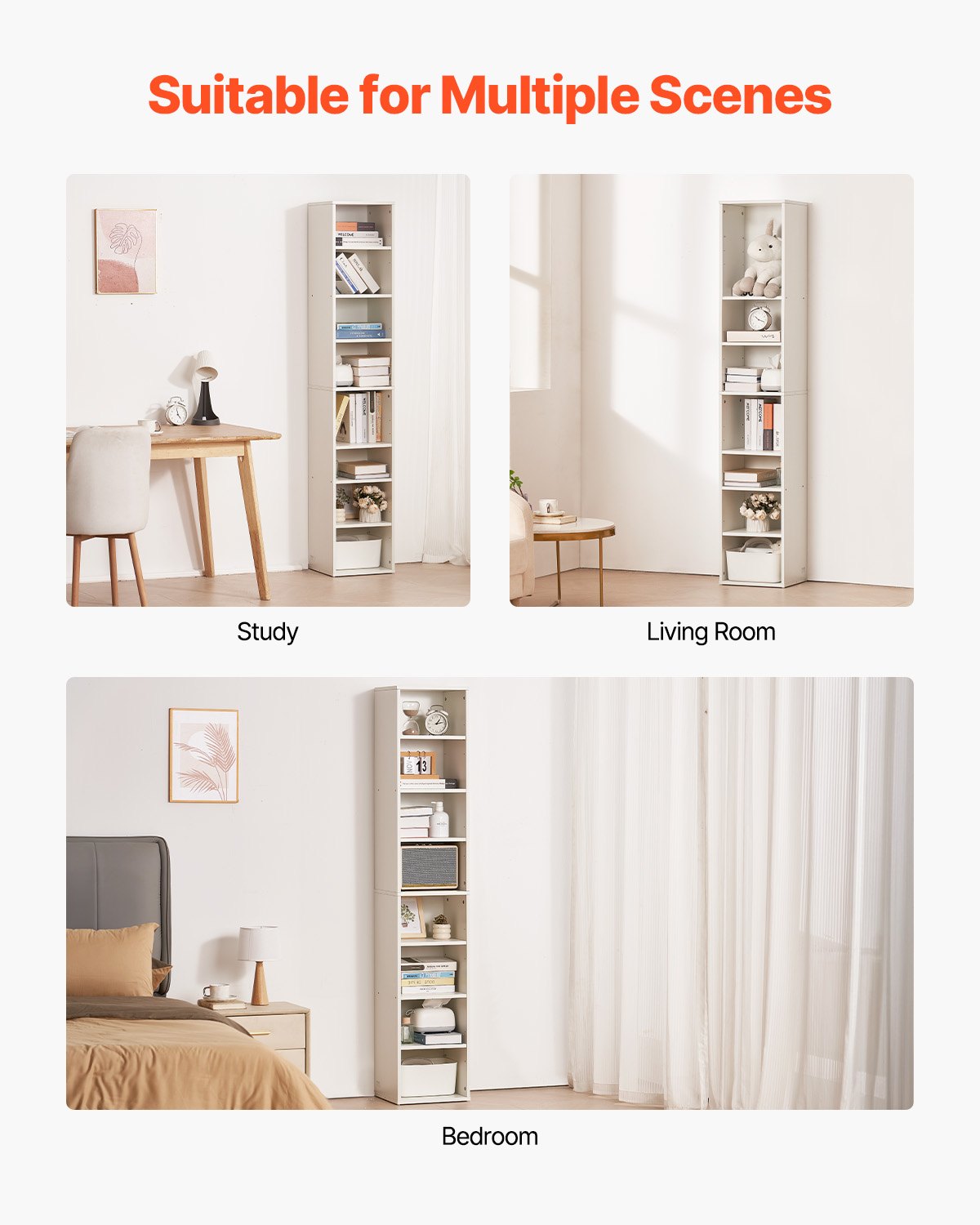 8 Tiers Narrow Bookshelf, 71 in Wooden Tall Open Bookcase with Height-Adjustable Shelf, Freestanding Display Storage Floor Bookcase Bookshelf for Library, Bedroom, Living Room, Office, White