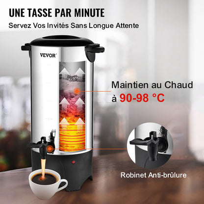 Gewerbliche Kaffeemaschine, 50 Tassen, Edelstahl, großer Kaffeespender, 1000 W, 220 V, elektrische Kaffeemaschine für schnelles Brühen, Heißwasserbereiter mit abnehmbarem Netzkabel für einfache Reinigung, Silber