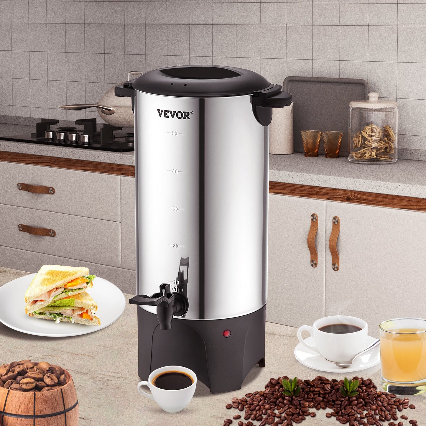 Gewerbliche Kaffeemaschine, 50 Tassen, Edelstahl, großer Kaffeespender, 1000 W, 220 V, elektrische Kaffeemaschine für schnelles Brühen, Heißwasserbereiter mit abnehmbarem Netzkabel für einfache Reinigung, Silber