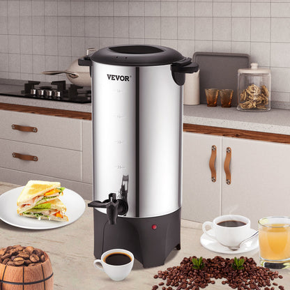 Gewerbliche Kaffeemaschine, 50 Tassen, Edelstahl, großer Kaffeespender, 1000 W, 220 V, elektrische Kaffeemaschine für schnelles Brühen, Heißwasserbereiter mit abnehmbarem Netzkabel für einfache Reinigung, Silber