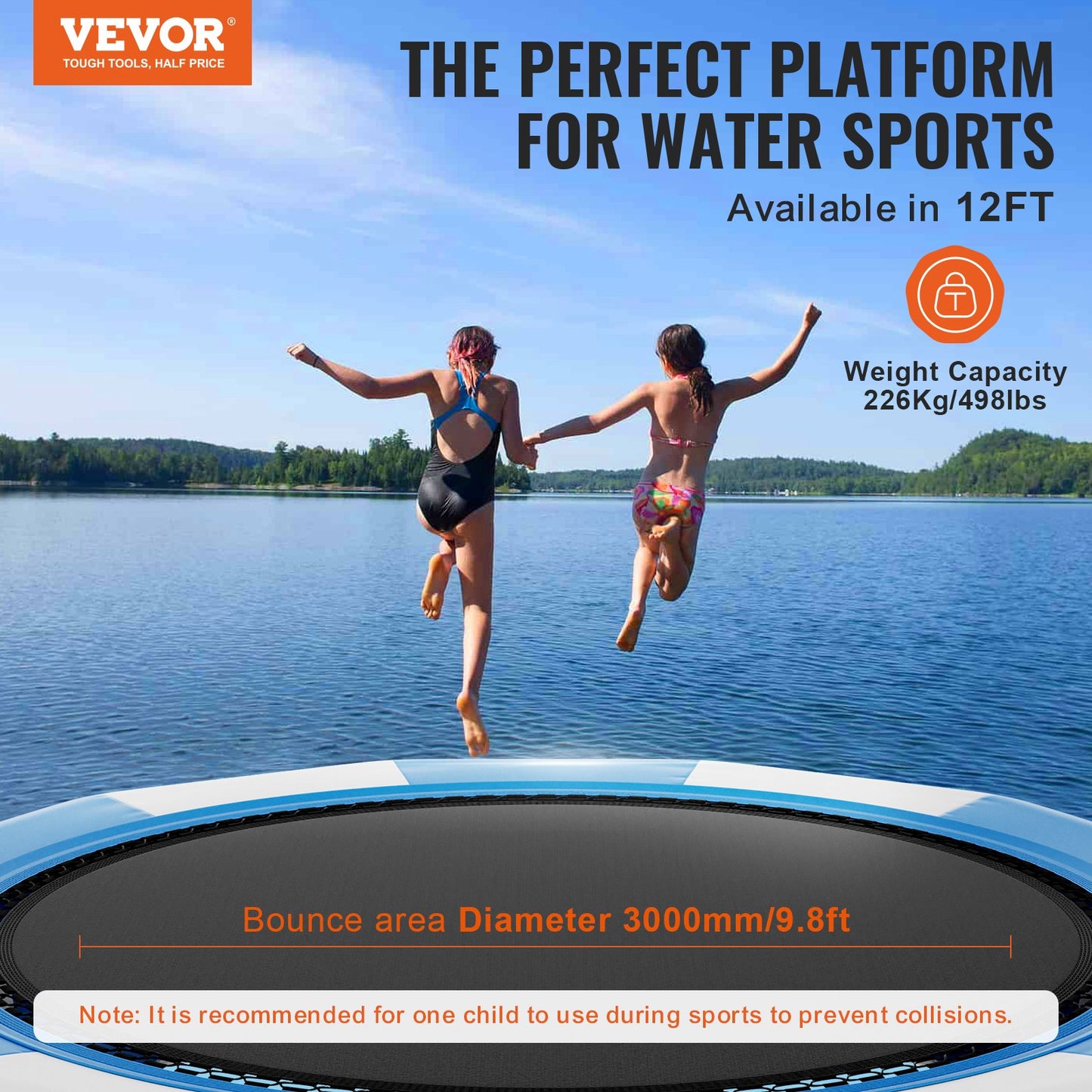 Inflatable Water Bouncer, 13ft Recreational Water Trampoline, Portable Bounce Swim Platform with 3-Step Ladder & Electric Air Pump, Kids Adults Floating Rebounder for Pool, Lake, Water Sports