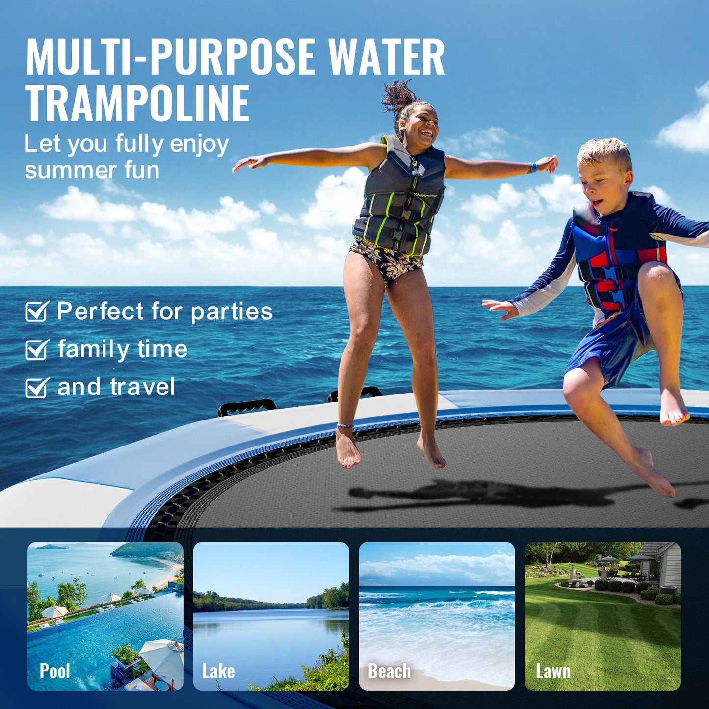 Inflatable Water Bouncer, 13ft Recreational Water Trampoline, Portable Bounce Swim Platform with 3-Step Ladder & Electric Air Pump, Kids Adults Floating Rebounder for Pool, Lake, Water Sports