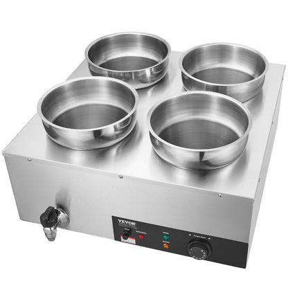 Electric Soup Warmer, Four 7.4QT Stainless Steel Round Pot, 1500W Commercial Food Warmer, 86~185°F Adjustable Temp, Bain Marie with Anti-Dry Burn and Reset Button, for Restaurant, Buffet