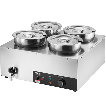 Electric Soup Warmer, Four 7.4QT Stainless Steel Round Pot, 1500W Commercial Food Warmer, 86~185°F Adjustable Temp, Bain Marie with Anti-Dry Burn and Reset Button, for Restaurant, Buffet