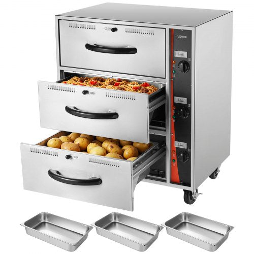 Commercial Electric Drawer Warmer, Three-Drawer Stainless Steel Food Warmer, Freestanding Standard Warming Drawer Cabinet, 30-85℃ Wide Temperature Range, for Restaurant, Hotel Buffet & Bakery