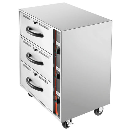 Gewerblicher elektrischer Wärmeschubladenschrank, dreischubladeniger Edelstahl-Speisenwärmer, freistehender Standard-Wärmeschubladenschrank, breiter Temperaturbereich von 30-85℃, für Restaurants, Hotelbuffets und Bäckereien