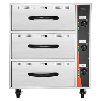 Gewerblicher elektrischer Wärmeschubladenschrank, dreischubladeniger Edelstahl-Speisenwärmer, freistehender Standard-Wärmeschubladenschrank, breiter Temperaturbereich von 30-85℃, für Restaurants, Hotelbuffets und Bäckereien