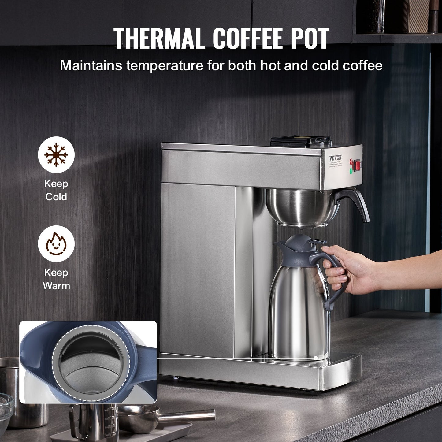 12 Cups Commercial Drip Coffee Maker, Coffee Maker Machine with Thermal Carafe to Keep Warm or Cold, Stainless Steel Pour Over Coffee Brewer for Restaurant, Office, Cafe