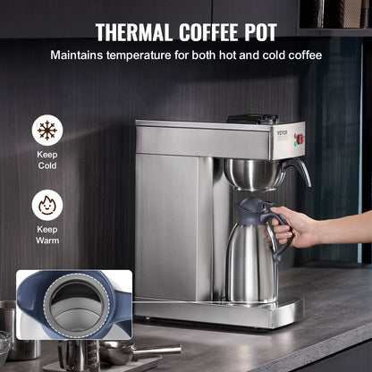 12 Cups Commercial Drip Coffee Maker, Coffee Maker Machine with Thermal Carafe to Keep Warm or Cold, Stainless Steel Pour Over Coffee Brewer for Restaurant, Office, Cafe