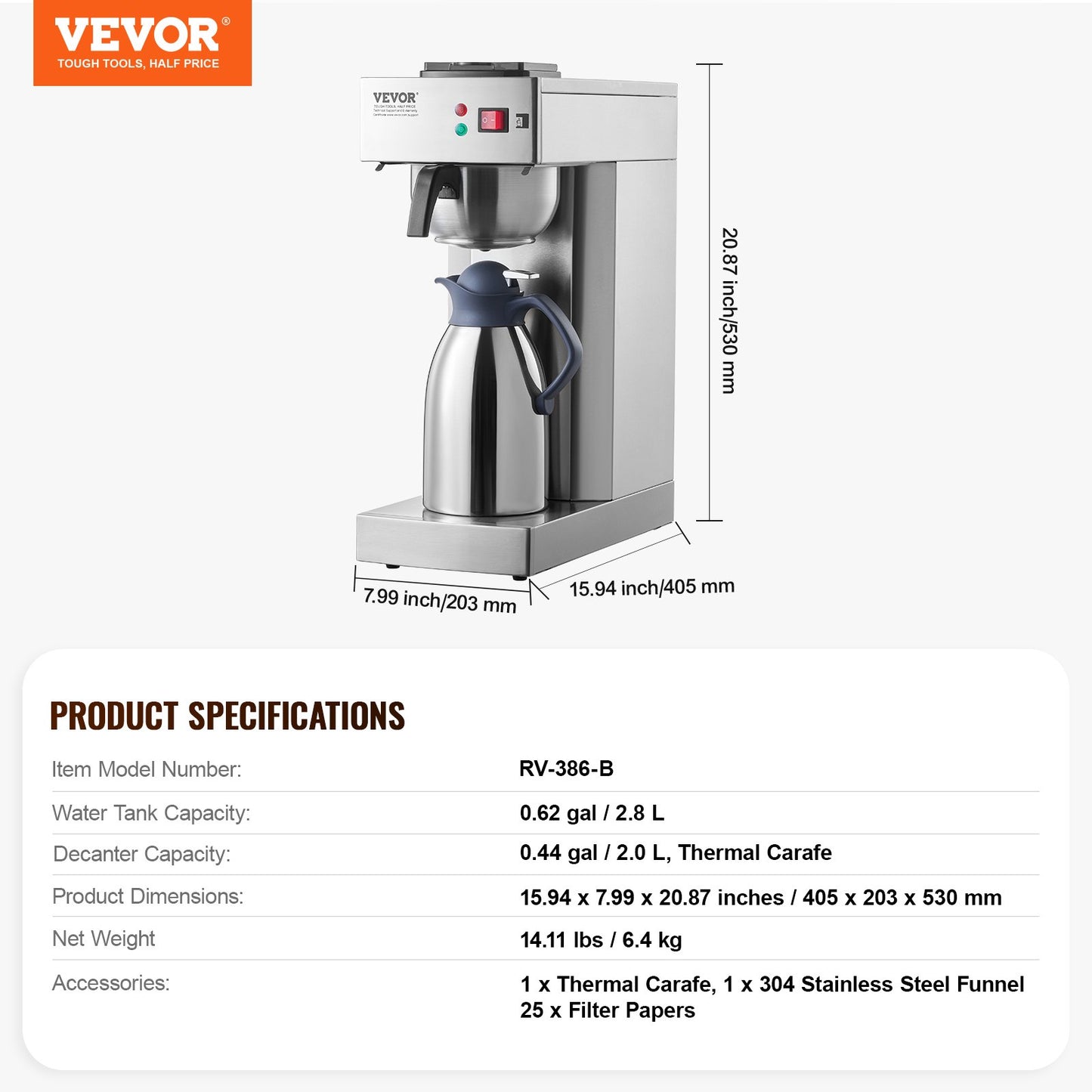 12 Cups Commercial Drip Coffee Maker, Coffee Maker Machine with Thermal Carafe to Keep Warm or Cold, Stainless Steel Pour Over Coffee Brewer for Restaurant, Office, Cafe