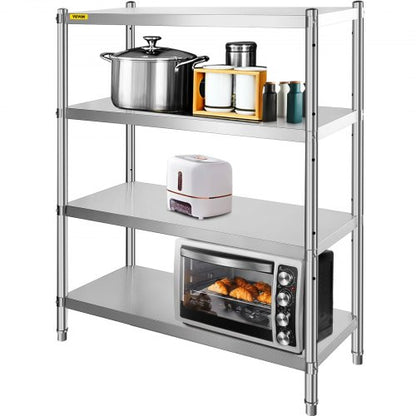 Stainless Steel Shelving, 118.9 x 47 cm 4 Tier Adjustable Shelf Storage Unit, Stainless Steel Heavy Duty Shelving for Kitchen Commercial Office Garage Storage 149.7 kg Per Shelf