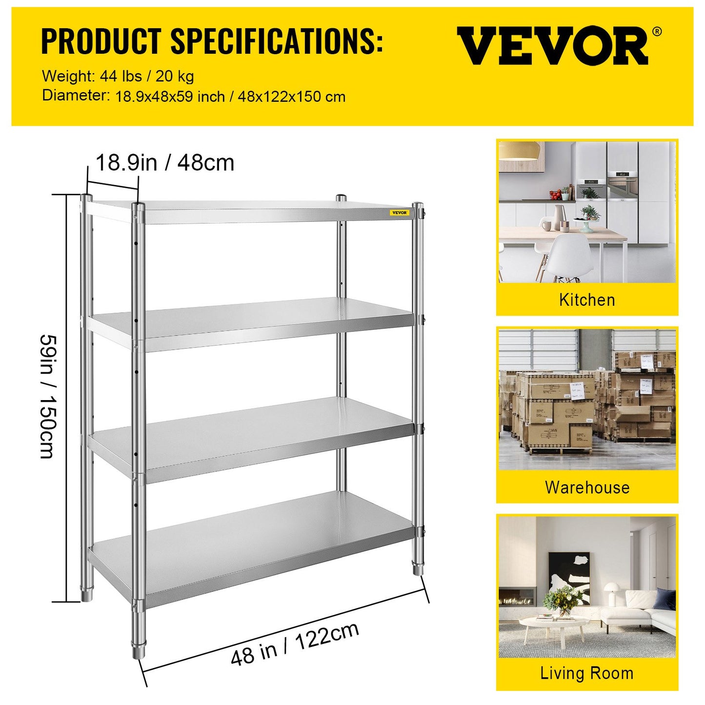 Stainless Steel Shelving, 118.9 x 47 cm 4 Tier Adjustable Shelf Storage Unit, Stainless Steel Heavy Duty Shelving for Kitchen Commercial Office Garage Storage 149.7 kg Per Shelf