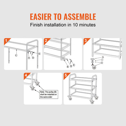 Kitchen Utility Cart, 3 Tiers, Wire Rolling Cart with 450LBS Capacity, Steel Service Cart on Wheels, Metal Storage Trolley with 80mm Basket Curved Handle PP Liner 6 Hooks, for Indoor and Outdoor