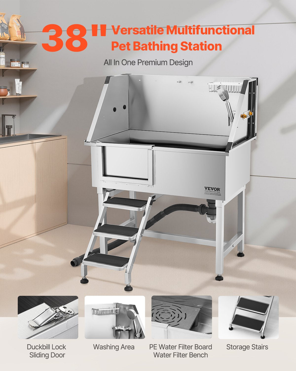 96.5 cm Stainless Steel Dog Washing Station, Pet Grooming Tub with Hot & Cold Faucet, Showerhead, Home Wash Sink, Fits Small and Medium Cats and Dogs, Non-Slip Stairs (Left Door)