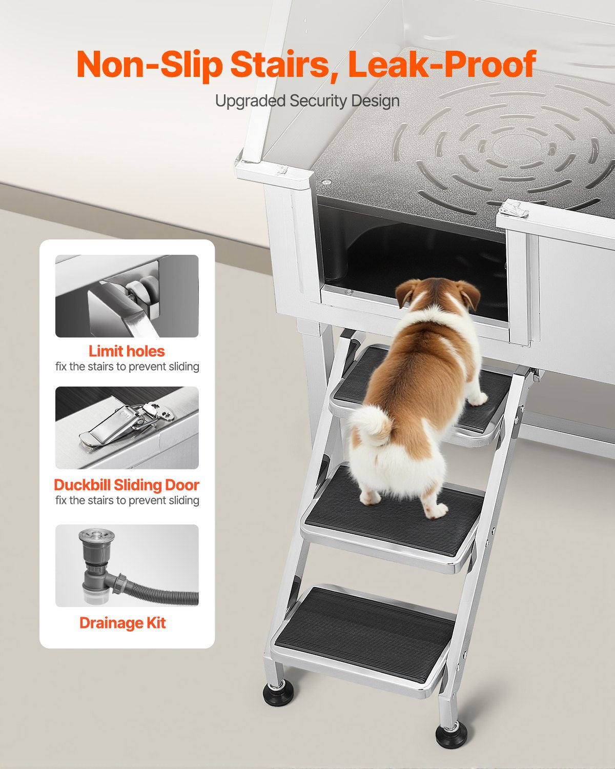 96.5 cm Stainless Steel Dog Washing Station, Pet Grooming Tub with Hot & Cold Faucet, Showerhead, Home Wash Sink, Fits Small and Medium Cats and Dogs, Non-Slip Stairs (Left Door)