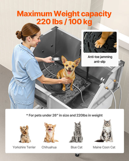 96.5 cm Stainless Steel Dog Washing Station, Pet Grooming Tub with Hot & Cold Faucet, Showerhead, Home Wash Sink, Fits Small and Medium Cats and Dogs, Non-Slip Stairs (Left Door)