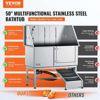 1,27 m lange Hundebadestation mit Rampe, professionelle Edelstahl-Hundebadewanne mit Seifenablage, Wasserhahn und umfangreichem Zubehör, geeignet für große, mittlere und kleine Haustiere, Waschbecken für Zuhause