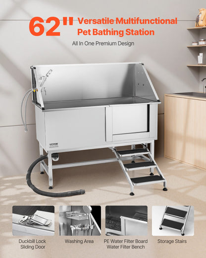 Hundewaschstation aus Edelstahl, 157,48 cm Hundebadewanne mit Treppe, PE-Wasserfilterplatte, Wasserhahn, Duschkopf und Seifenhalter, Hundebadewanne für große, mittlere und kleine Haustiere (Tür rechts)