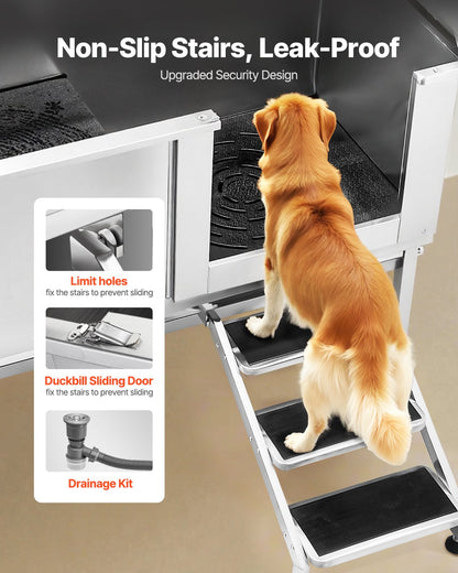 Hundewaschstation aus Edelstahl, 157,48 cm Hundebadewanne mit Treppe, PE-Wasserfilterplatte, Wasserhahn, Duschkopf und Seifenhalter, Hundebadewanne für große, mittlere und kleine Haustiere (Tür rechts)