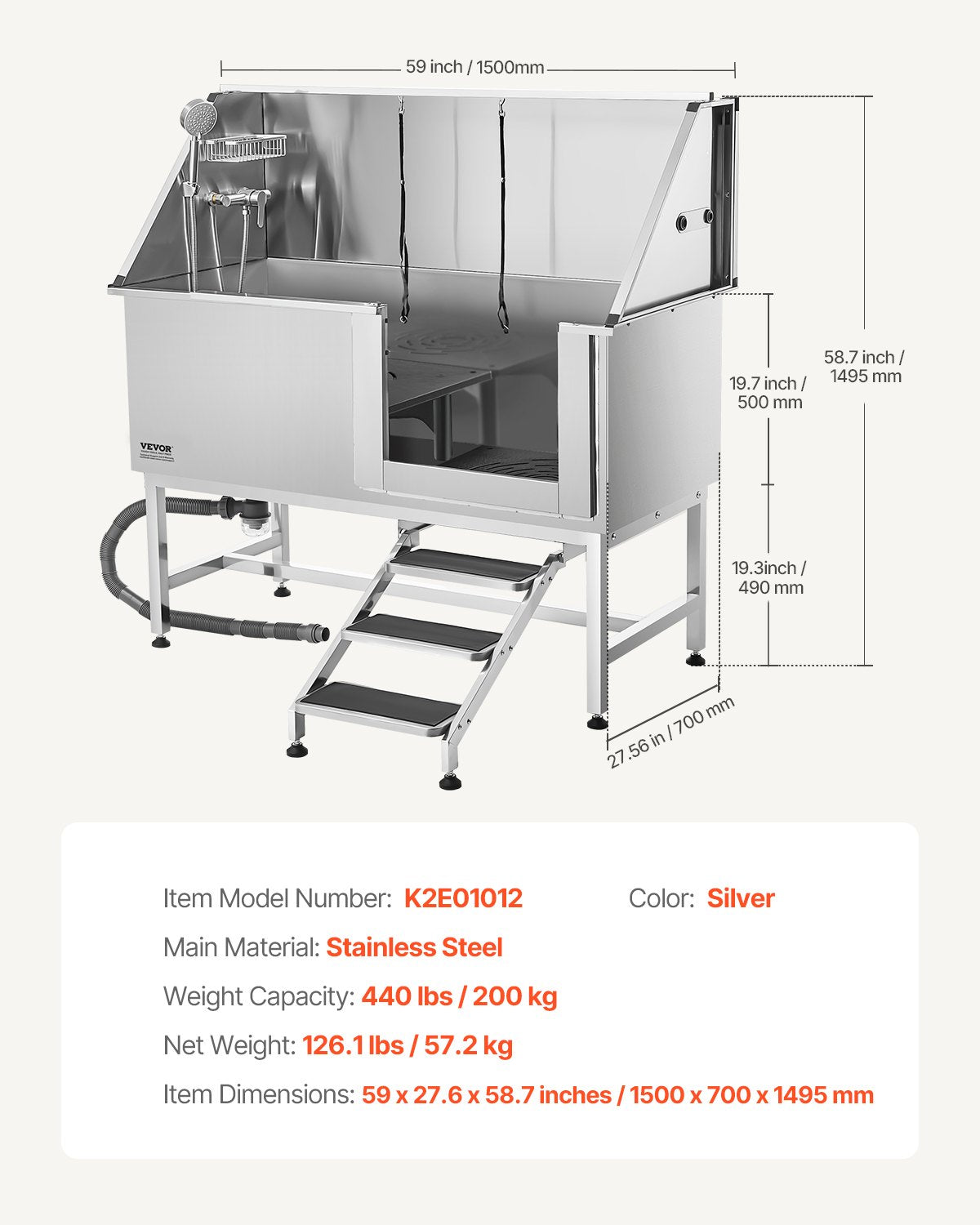 Hundewaschstation aus Edelstahl, 157,48 cm Hundebadewanne mit Treppe, PE-Wasserfilterplatte, Wasserhahn, Duschkopf und Seifenhalter, Hundebadewanne für große, mittlere und kleine Haustiere (Tür rechts)