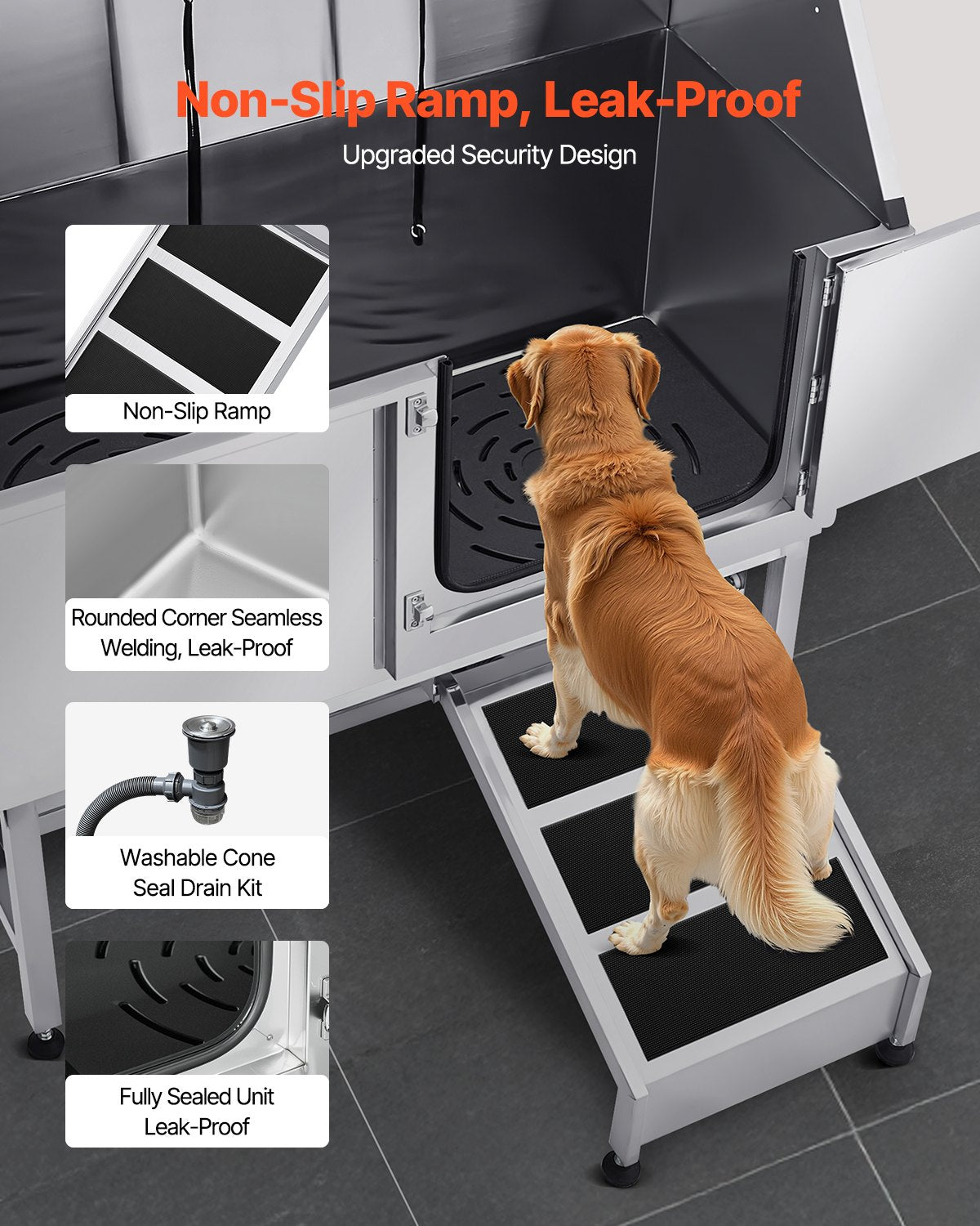 Hundewaschstation aus Edelstahl, 157,48 cm Hundebadewanne mit Rampe, PE-Wasserfilterplatte, Wasserhahn, Duschkopf und Seifenhalter, Hundebadewanne für große, mittlere und kleine Haustiere (Tür rechts)