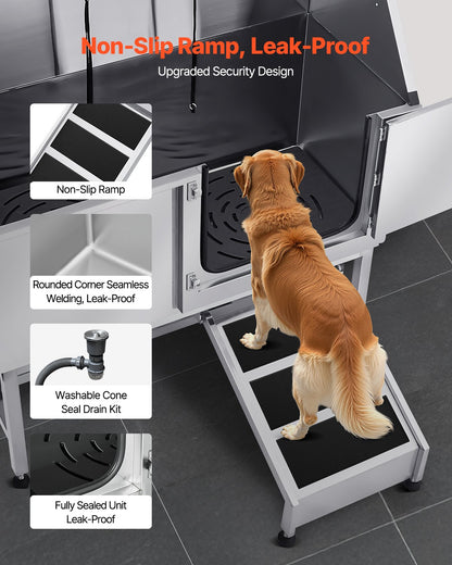 Hundewaschstation aus Edelstahl, 157,48 cm Hundebadewanne mit Rampe, PE-Wasserfilterplatte, Wasserhahn, Duschkopf und Seifenhalter, Hundebadewanne für große, mittlere und kleine Haustiere (Tür rechts)
