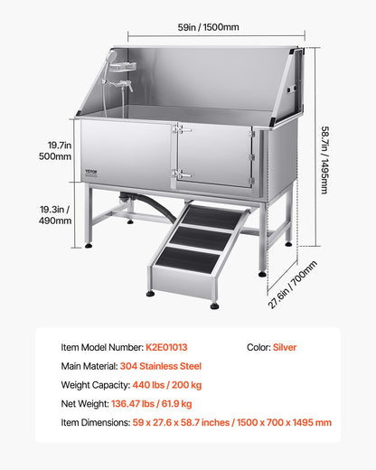 Hundewaschstation aus Edelstahl, 157,48 cm Hundebadewanne mit Rampe, PE-Wasserfilterplatte, Wasserhahn, Duschkopf und Seifenhalter, Hundebadewanne für große, mittlere und kleine Haustiere (Tür rechts)