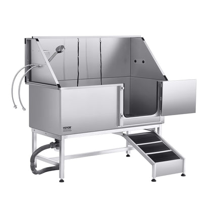 Hundewaschstation aus Edelstahl, 157,48 cm Hundebadewanne mit Rampe, PE-Wasserfilterplatte, Wasserhahn, Duschkopf und Seifenhalter, Hundebadewanne für große, mittlere und kleine Haustiere (Tür rechts)